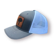 Grey leather patch trucker