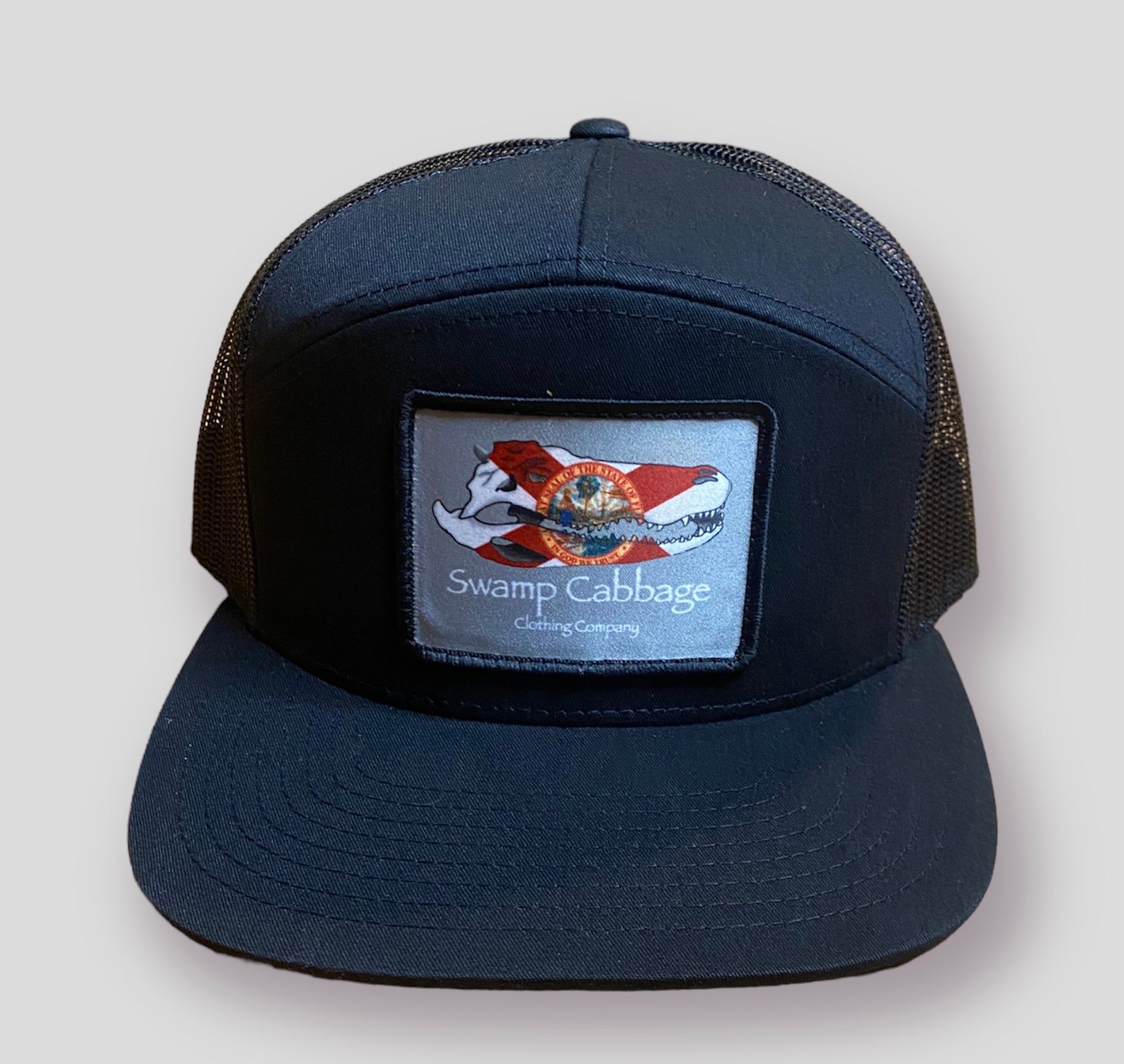 Flat bill swamp skull black trucker hat – swamp-cabbage-clothing-co